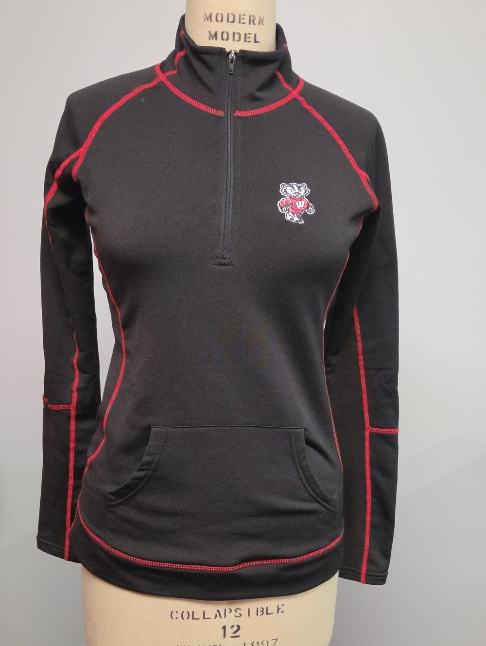 Women's Black Wisconsin Badger Quarter-Zip Pullover with Red Stitching